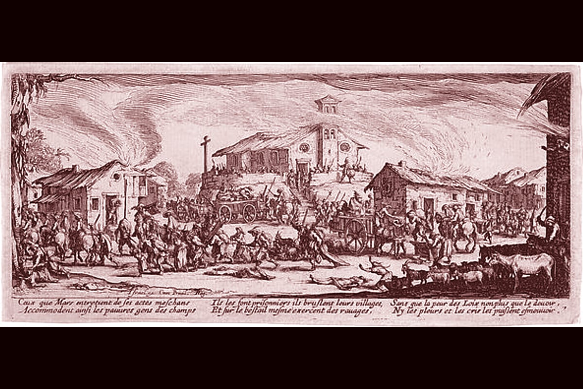 Portada del archivo: Plate 7: A town being sacked with church in the background, from "The Large Miseries of War" (Le…, de Jacques Callot