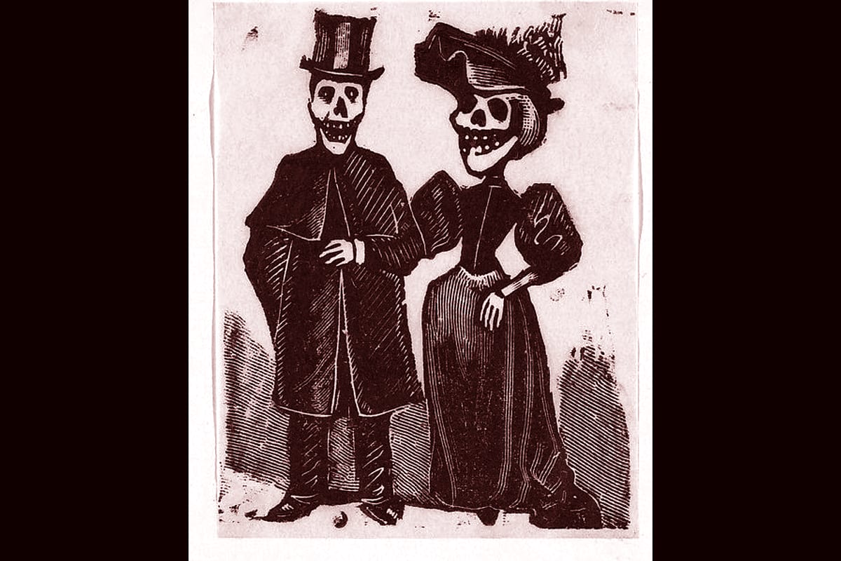 Portada del archivo: Elegantly dressed male and female skeletons arm in arm (vignette for the feast of the dead), de José Guadalupe Posada