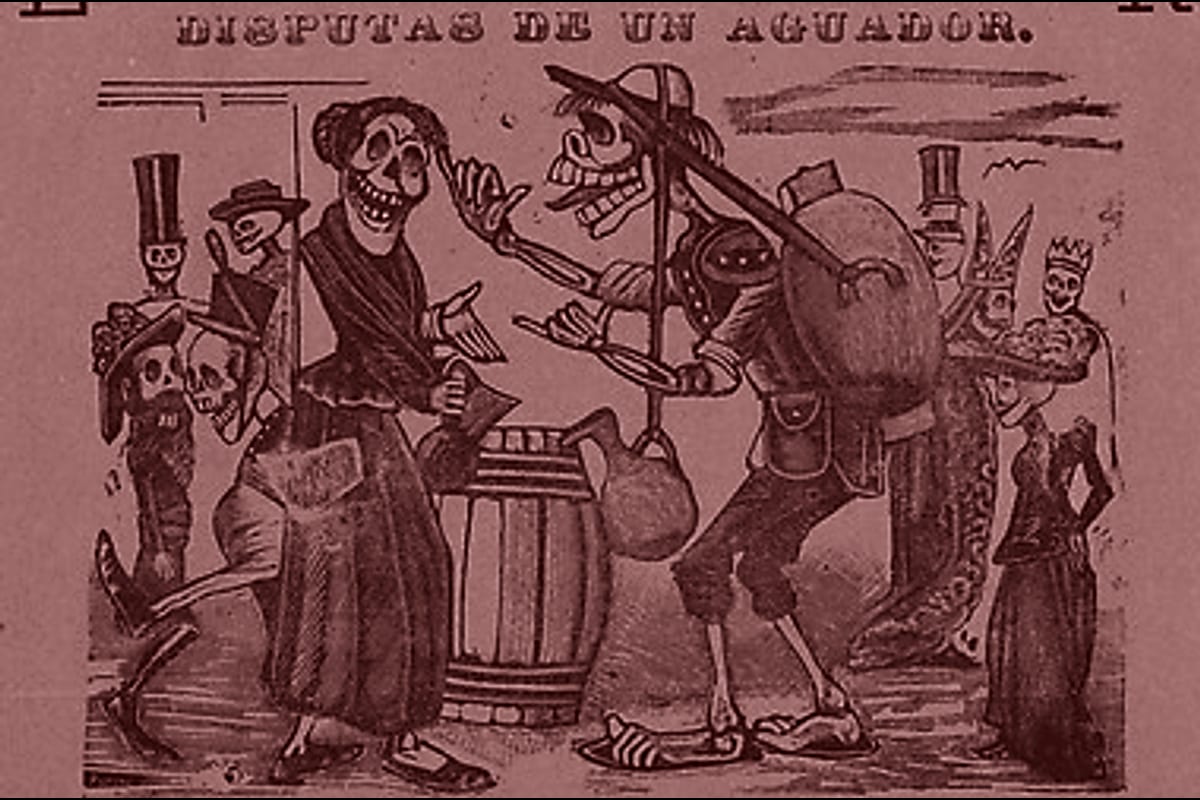 Portada del archivo: In proof of true love, a watercarrier skeleton arguing with a woman (Posada); two skeleton angels in upper corners (Mani, de José Guadalupe Posada