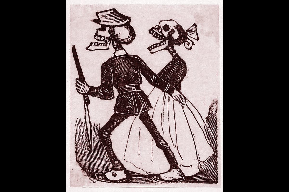 Portada del archivo: A male skeleton leading a female skeleton to the left, from a broaside entitled 'La Calavera de Cupido', published by An, de José Guadalupe Posada