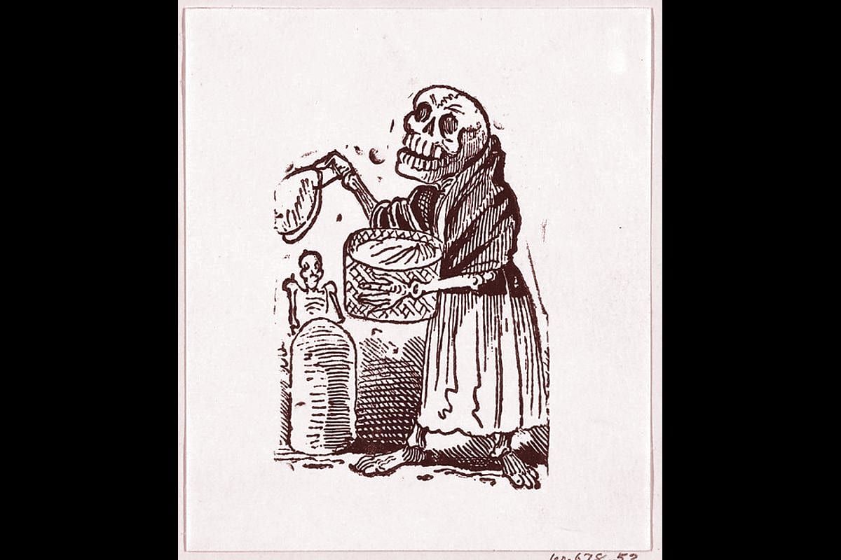 Portada del archivo: A skeleton selling tortillas from a broadside entitled 'Una Calavera Chusca', de José Guadalupe Posada